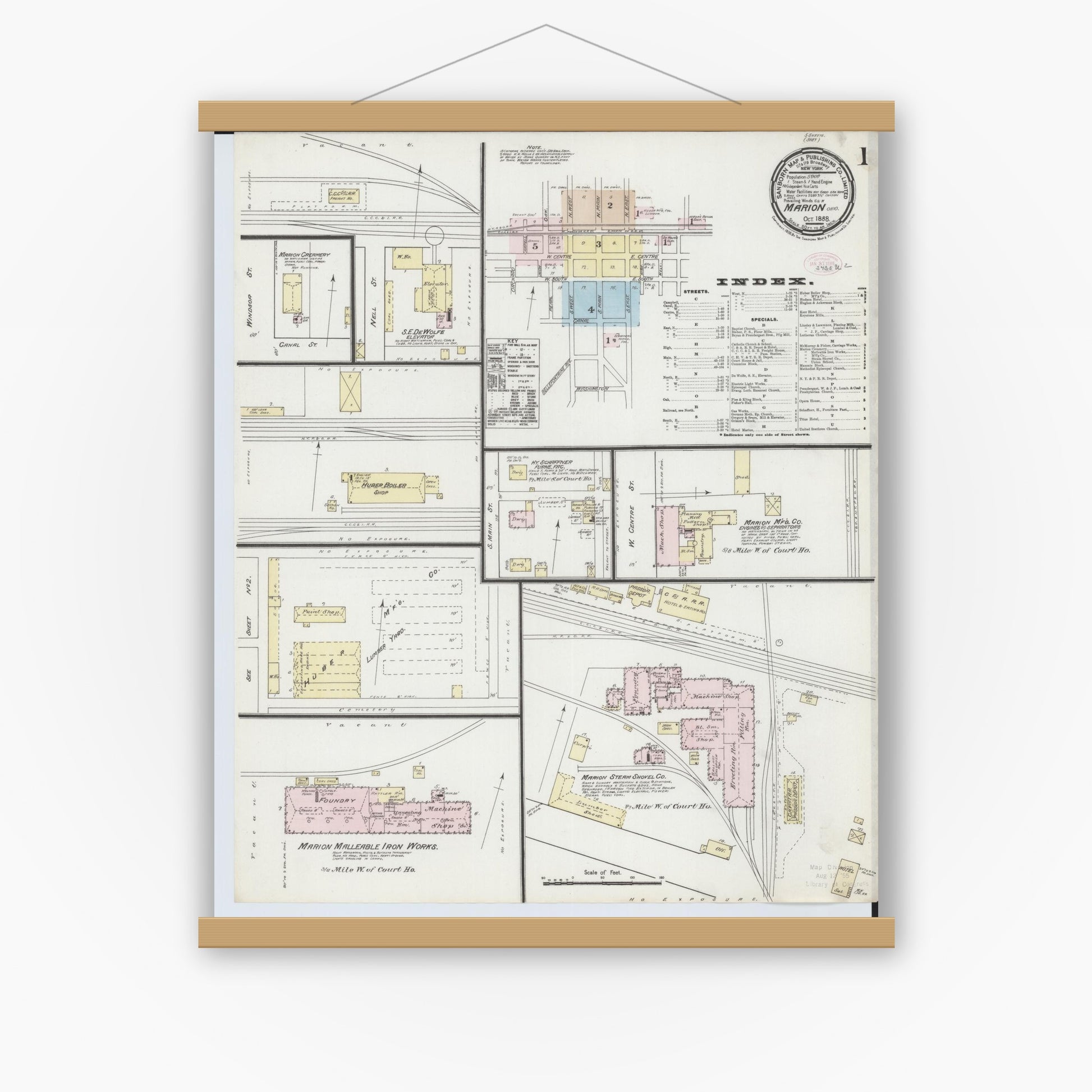 Old map wall art mockup — magnetic wood frame on white wall — Sanborn Fire Insurance Map from Marion, Marion County, Ohio (1888), Sheet #0001