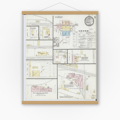 Old map wall art mockup — magnetic wood frame on white wall — Sanborn Fire Insurance Map from Marion, Marion County, Ohio (1888), Sheet #0001