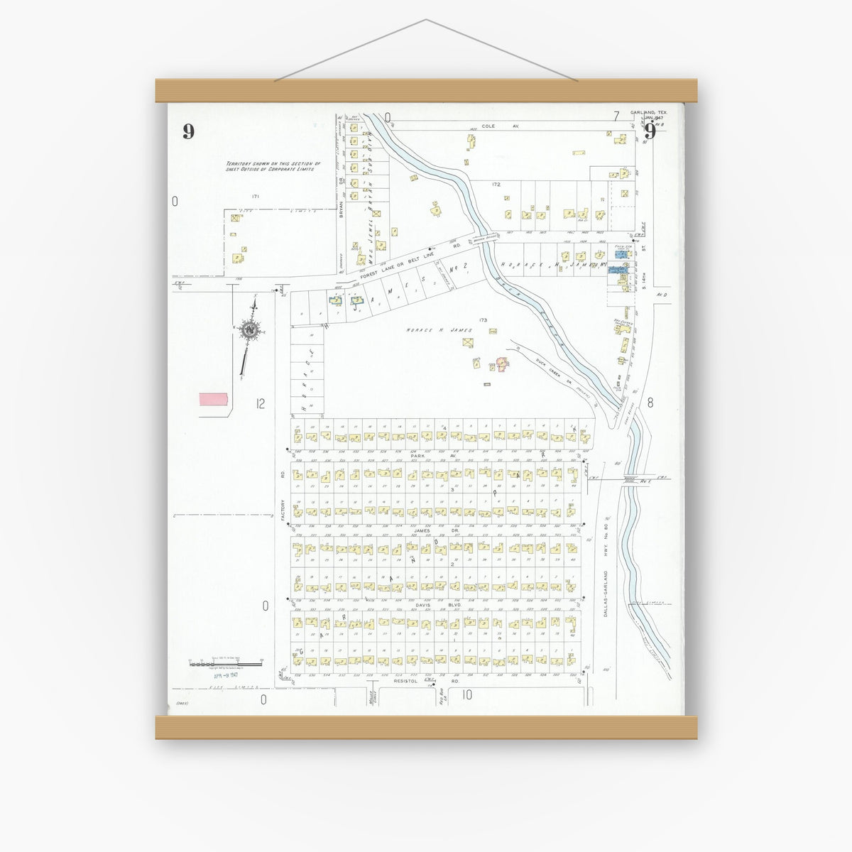 Old map wall art mockup — magnetic wood frame on white wall — Sanborn Fire Insurance Map from Garland, Dallas County, Texas (1947), Sheet #0009