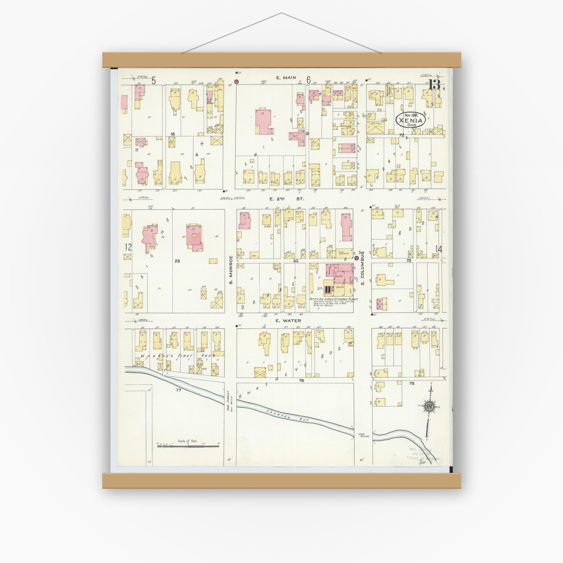 Old map wall art mockup — magnetic wood frame on white wall — Sanborn Fire Insurance Map from Xenia, Greene County, Ohio (1910), Sheet #0013