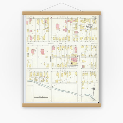 Old map wall art mockup — magnetic wood frame on white wall — Sanborn Fire Insurance Map from Xenia, Greene County, Ohio (1910), Sheet #0013
