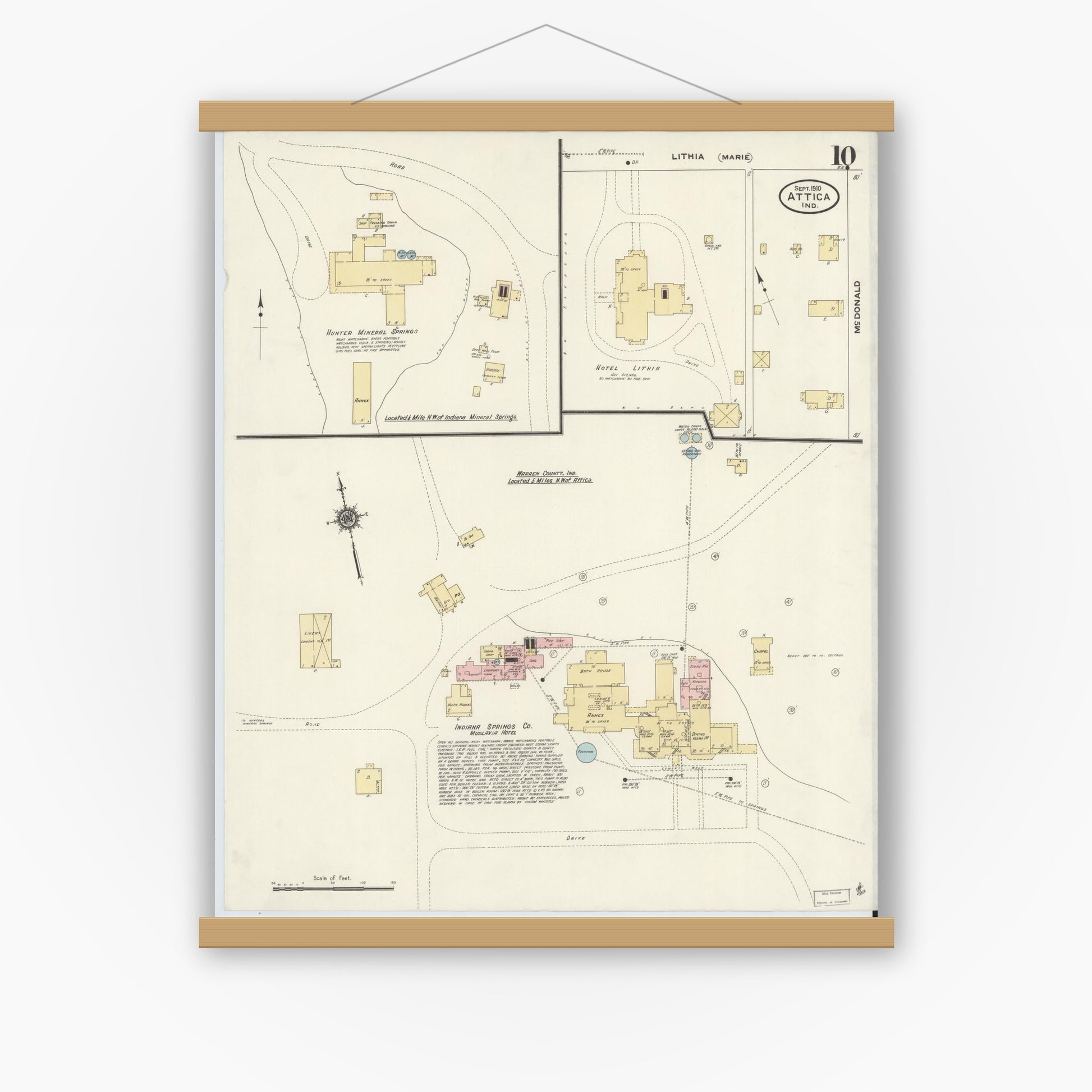 Old map wall art mockup — magnetic wood frame on white wall — Sanborn Fire Insurance Map from Attica, Fountain County, Indiana (1910), Sheet #0010