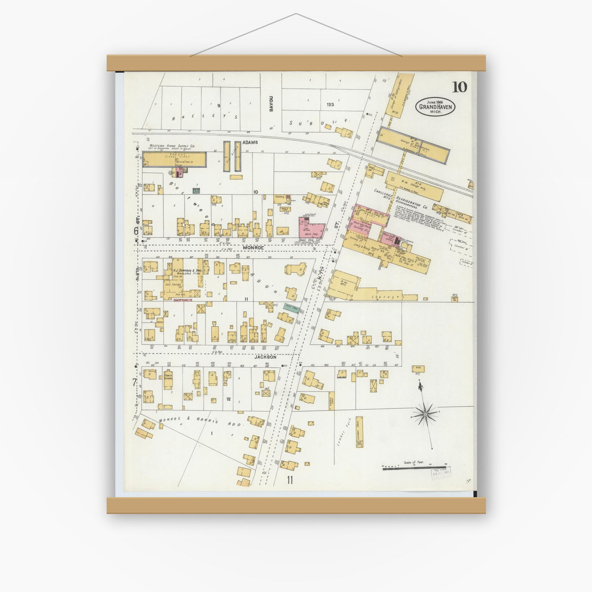 Old map wall art mockup — magnetic wood frame on white wall — Sanborn Fire Insurance Map from Grand Haven, Ottawa County, Michigan (1906), Sheet #0010
