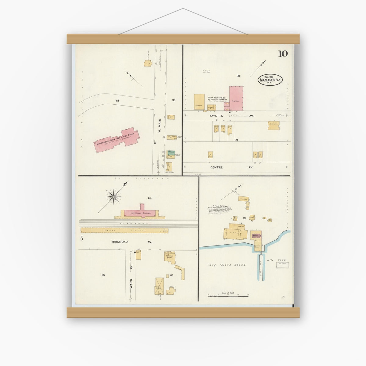 Old map wall art mockup — magnetic wood frame on white wall — Sanborn Fire Insurance Map from Mamaroneck, Westchester County, New York (1908), Sheet #0010