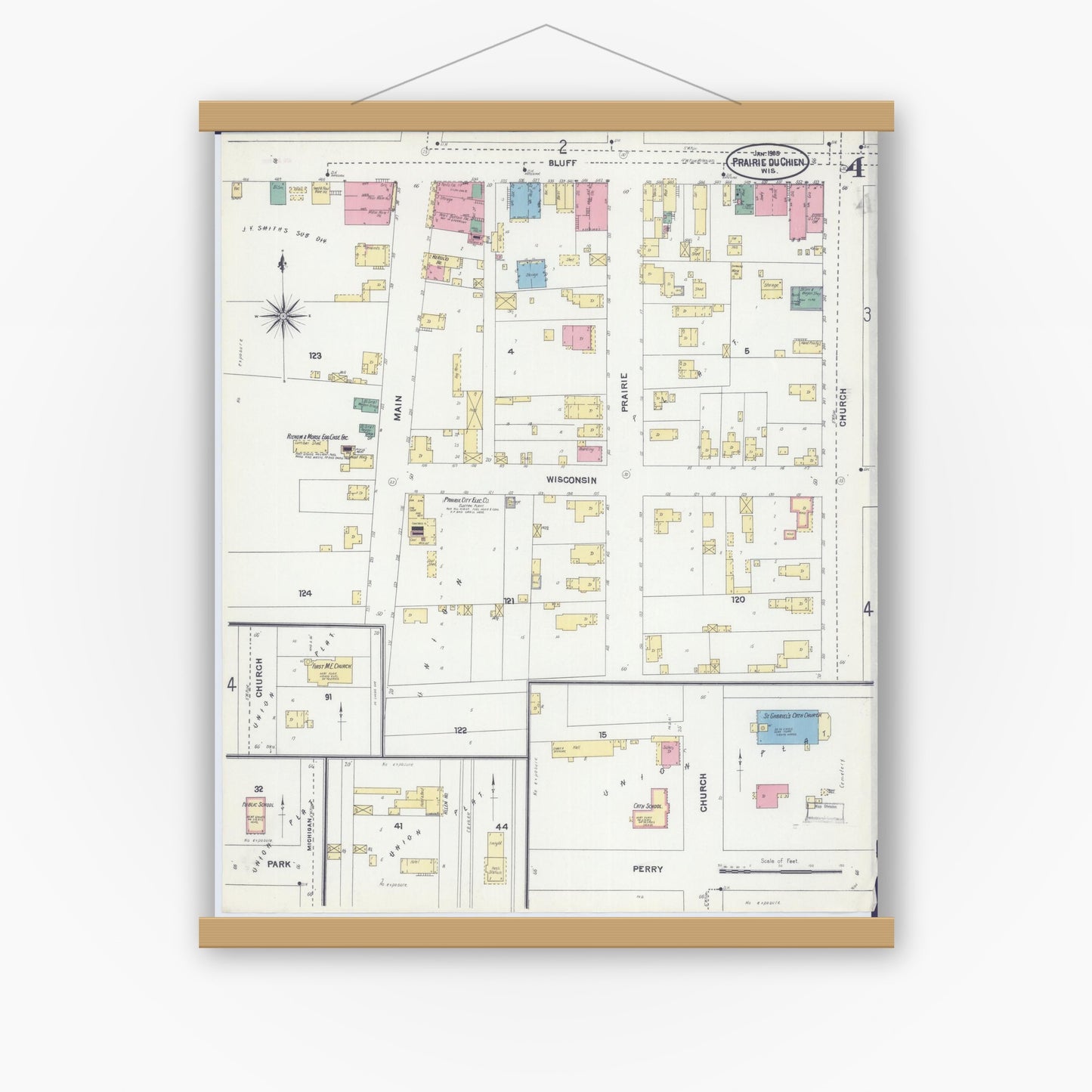 Old map wall art mockup — magnetic wood frame on white wall — Sanborn Fire Insurance Map from Prairie du Chien, Crawford County, Wisconsin (1905), Sheet #0004