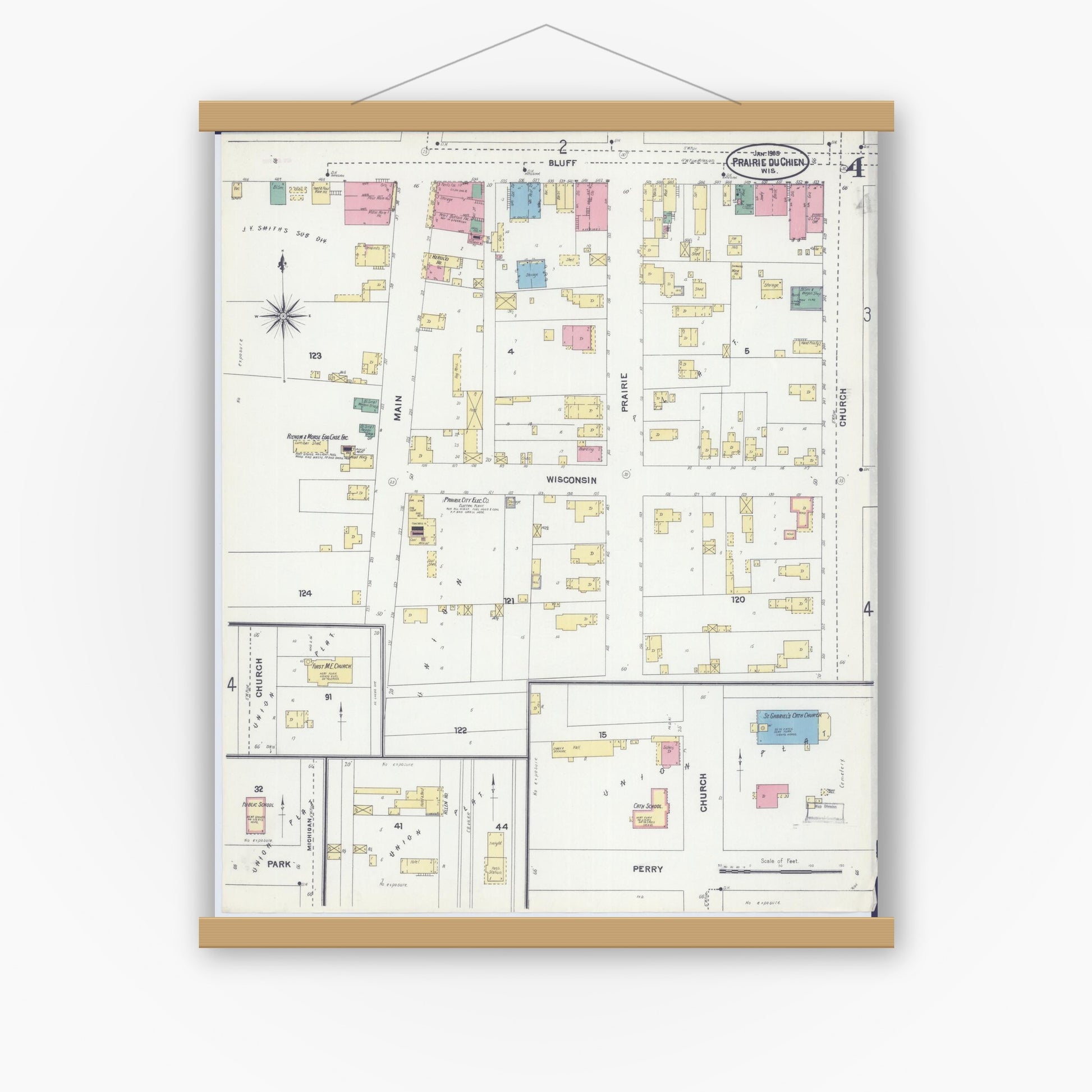 Old map wall art mockup — magnetic wood frame on white wall — Sanborn Fire Insurance Map from Prairie du Chien, Crawford County, Wisconsin (1905), Sheet #0004