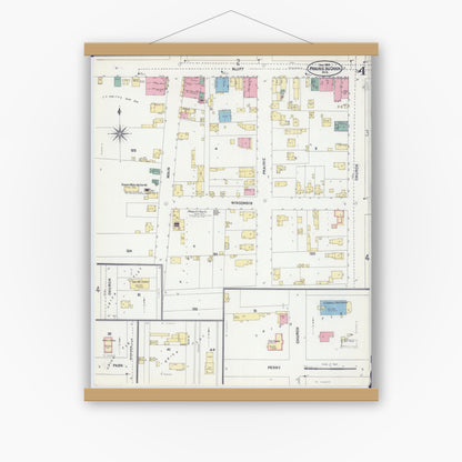 Old map wall art mockup — magnetic wood frame on white wall — Sanborn Fire Insurance Map from Prairie du Chien, Crawford County, Wisconsin (1905), Sheet #0004