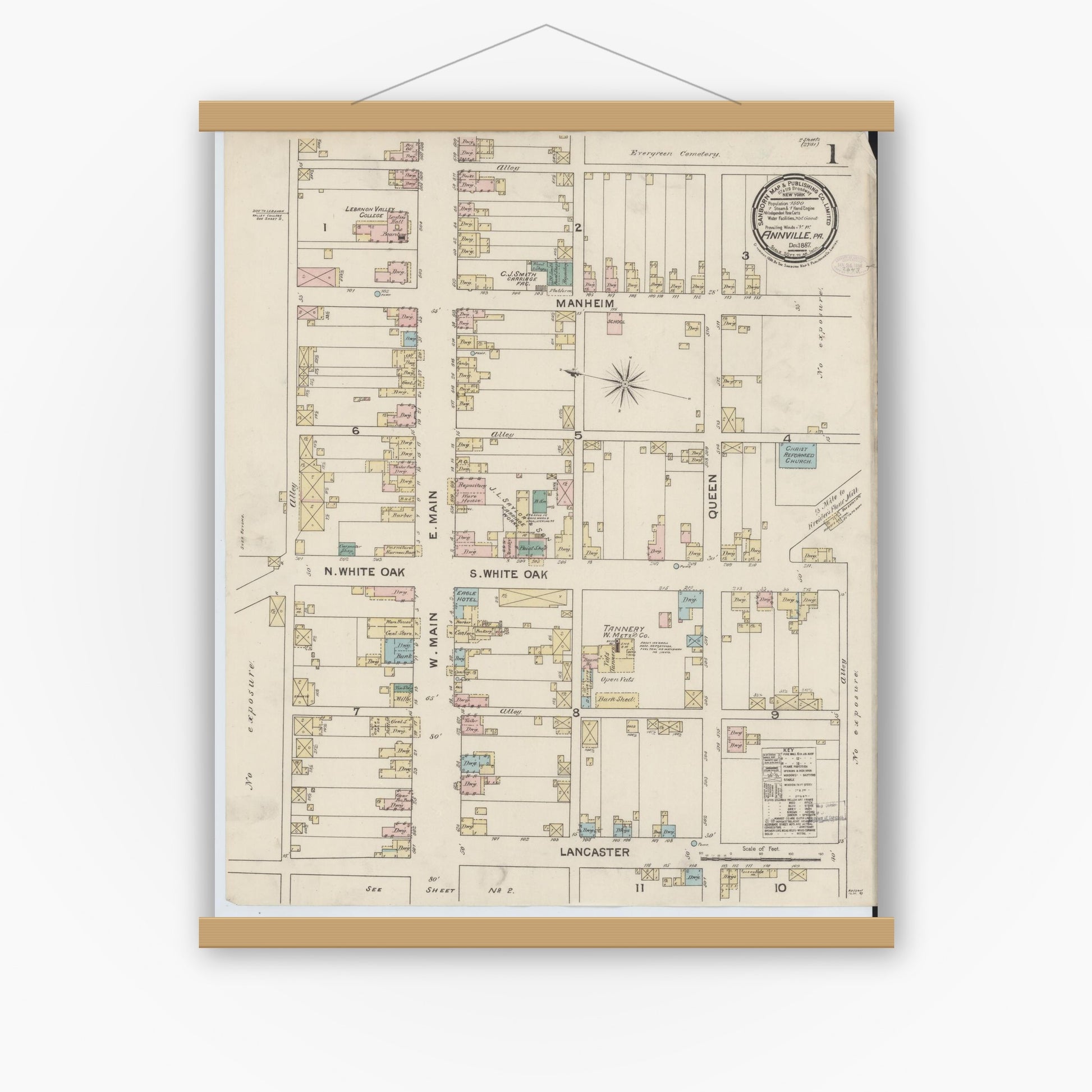 Old map wall art mockup — magnetic wood frame on white wall — Sanborn Fire Insurance Map from Annville, Lebanon County, Pennsylvania (1887) - Complete Map Set