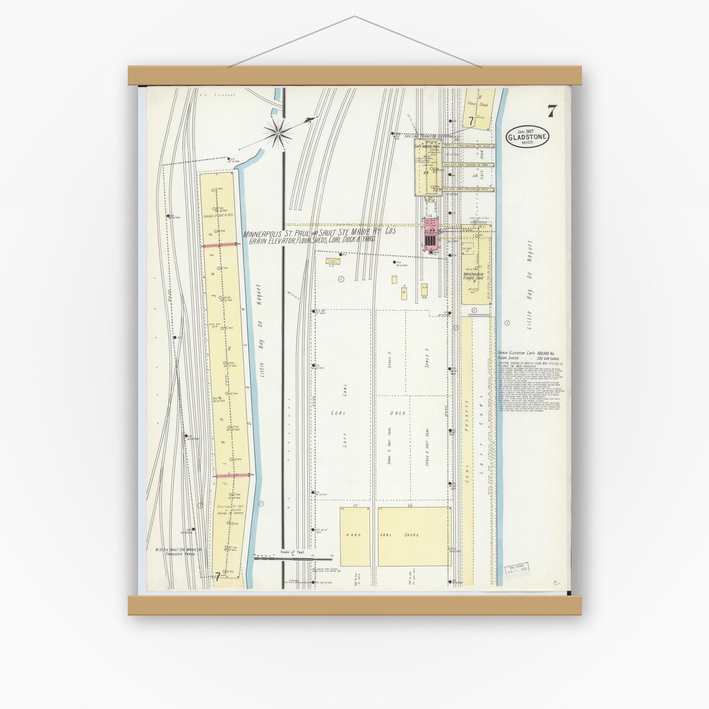 Old map wall art mockup — magnetic wood frame on white wall — Sanborn Fire Insurance Map from Gladstone, Delta County, Michigan (1907), Sheet #0007