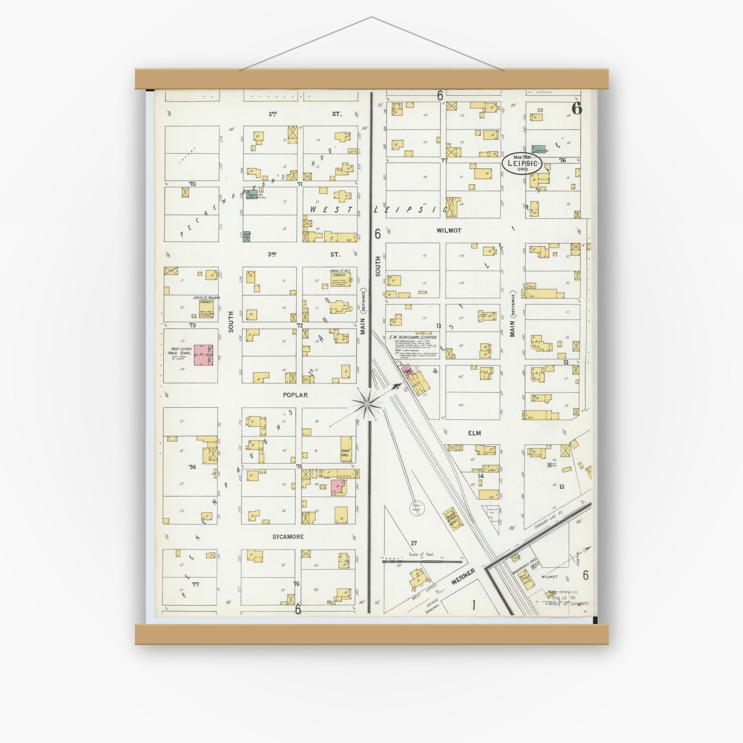 Old map wall art mockup — magnetic wood frame on white wall — Sanborn Fire Insurance Map from Leipsic, Putnam County, Ohio (1900), Sheet #0006