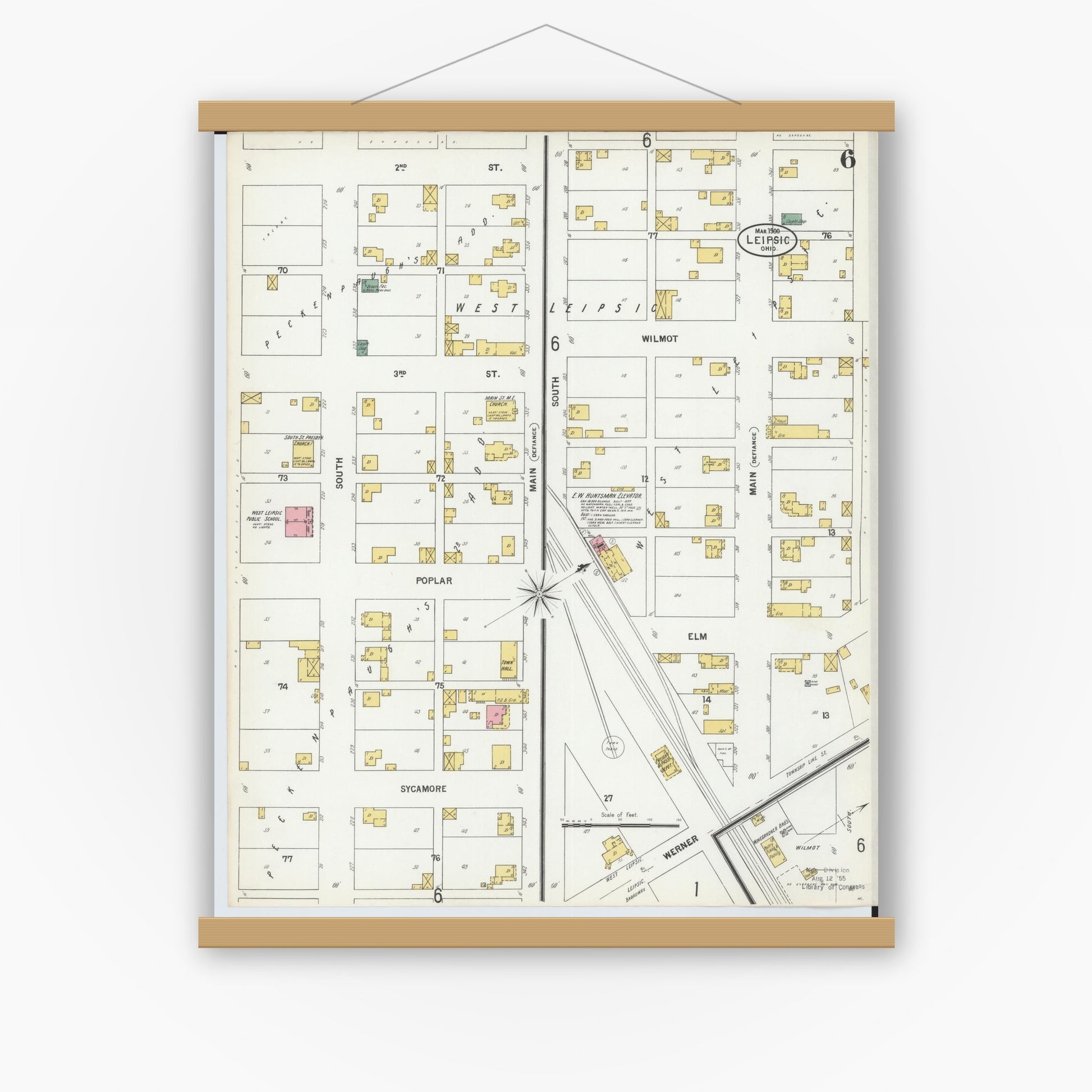 Old map wall art mockup — magnetic wood frame on white wall — Sanborn Fire Insurance Map from Leipsic, Putnam County, Ohio (1900), Sheet #0006