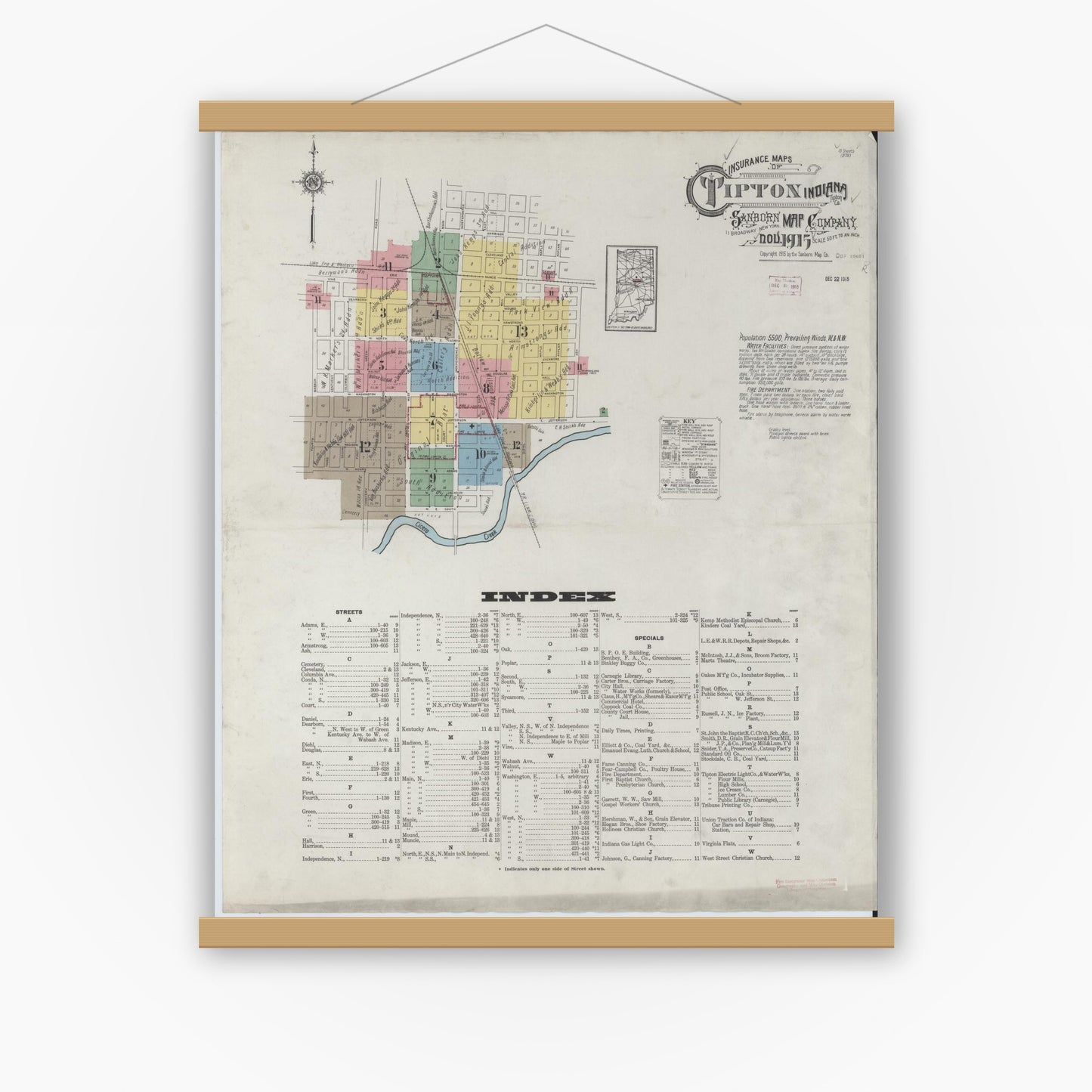 Old map wall art mockup — magnetic wood frame on white wall — Sanborn Fire Insurance Map from Tipton, Tipton County, Indiana (1915), Sheet #0001