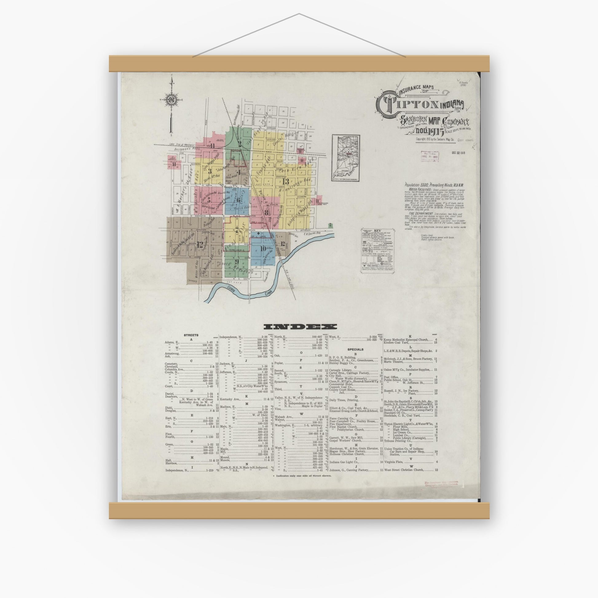 Old map wall art mockup — magnetic wood frame on white wall — Sanborn Fire Insurance Map from Tipton, Tipton County, Indiana (1915), Sheet #0001