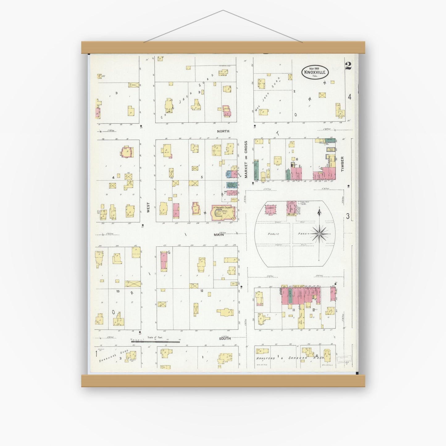 Old map wall art mockup — magnetic wood frame on white wall — Sanborn Fire Insurance Map from Knoxville, Knox County, Illinois (1909), Sheet #0002