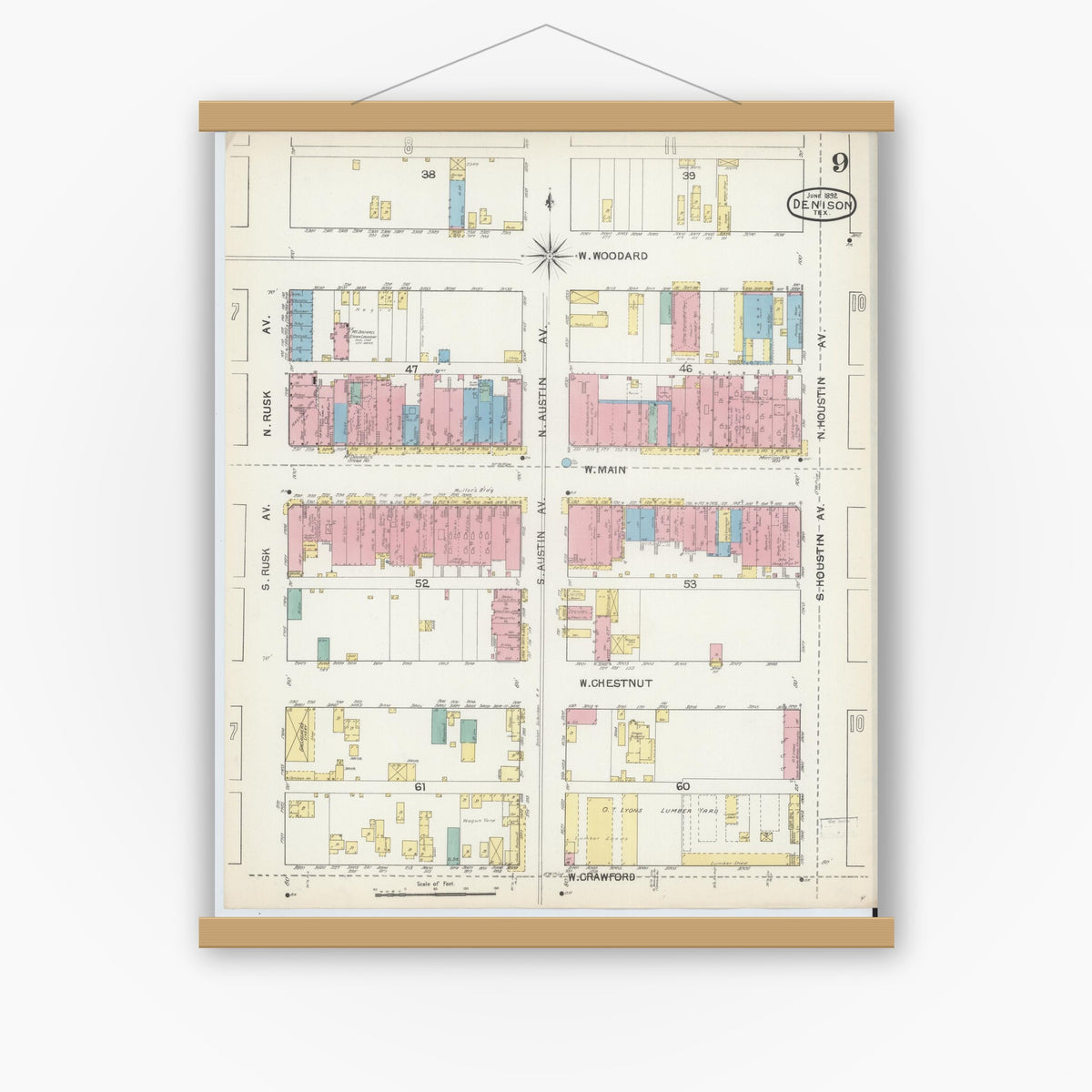 Old map wall art mockup — magnetic wood frame on white wall — Sanborn Fire Insurance Map from Denison, Grayson County, Texas (1892), Sheet #0009
