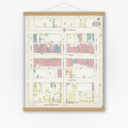 Old map wall art mockup — magnetic wood frame on white wall — Sanborn Fire Insurance Map from Denison, Grayson County, Texas (1892), Sheet #0009