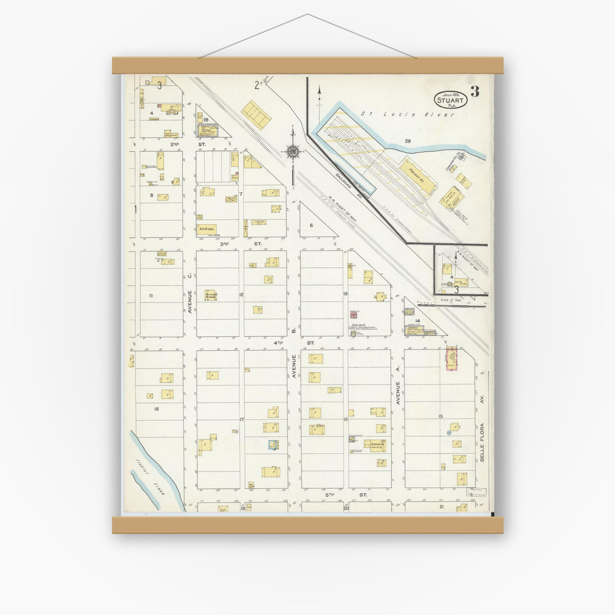 Old map wall art mockup — magnetic wood frame on white wall — Sanborn Fire Insurance Map from Stuart, Martin County, Florida (1915), Sheet #0003