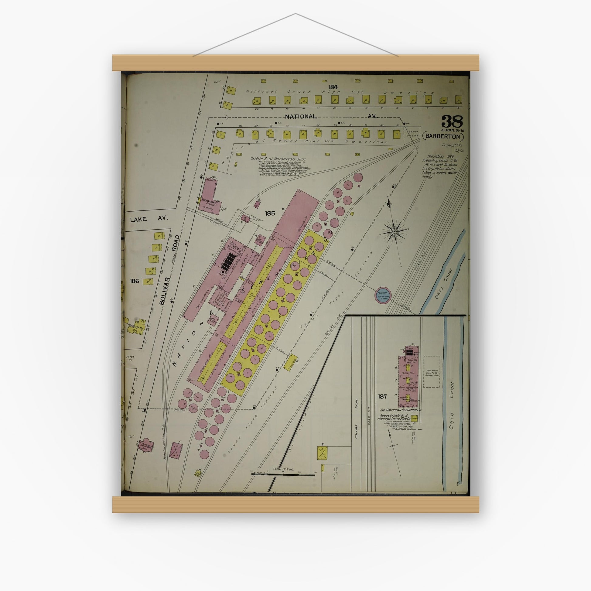 Old map wall art mockup — magnetic wood frame on white wall — Sanborn Fire Insurance Map from Akron, Summit County, Ohio (1892), Sheet #0038