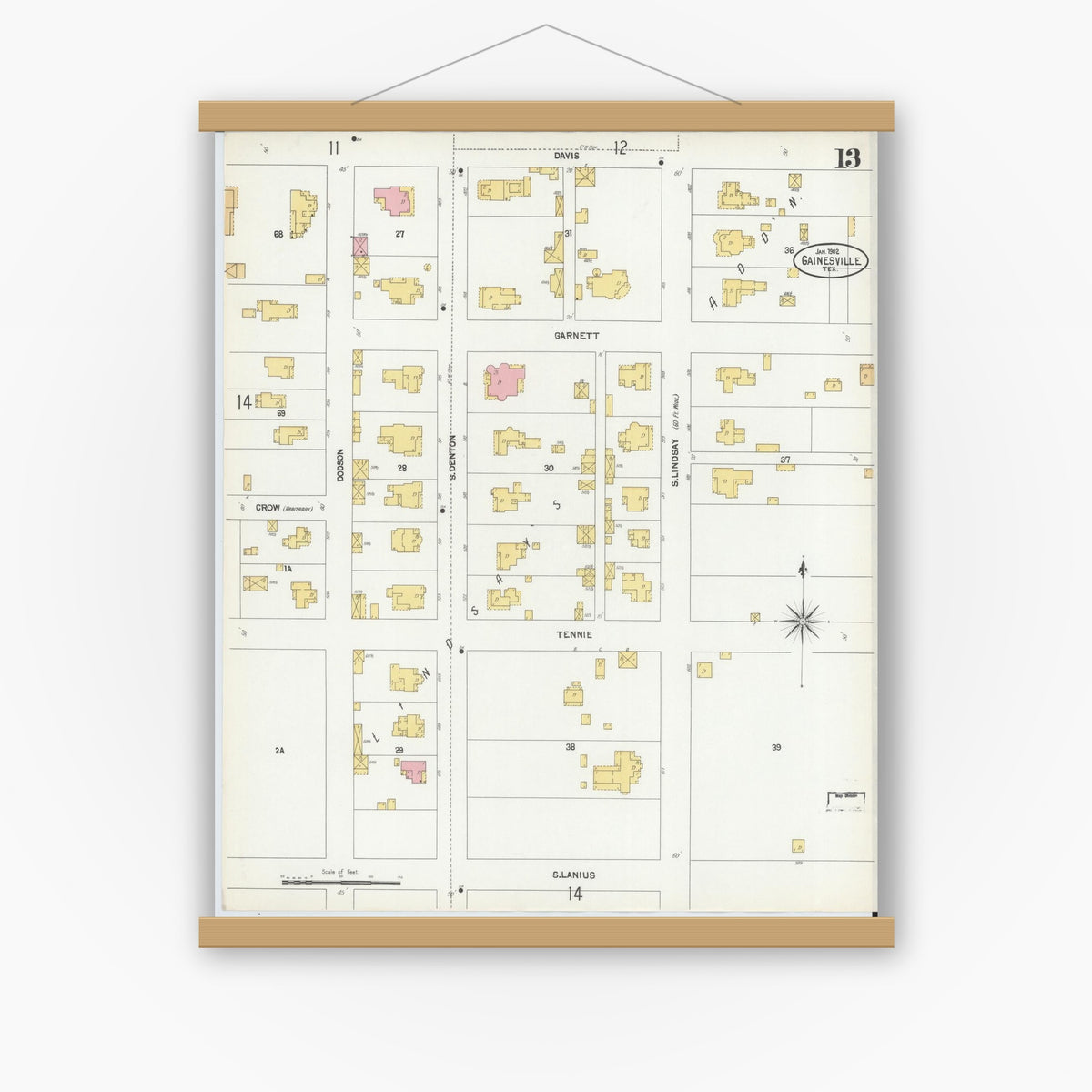 Old map wall art mockup — magnetic wood frame on white wall — Sanborn Fire Insurance Map from Gainesville, Cooke County, Texas (1902), Sheet #0013