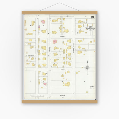 Old map wall art mockup — magnetic wood frame on white wall — Sanborn Fire Insurance Map from Gainesville, Cooke County, Texas (1902), Sheet #0013