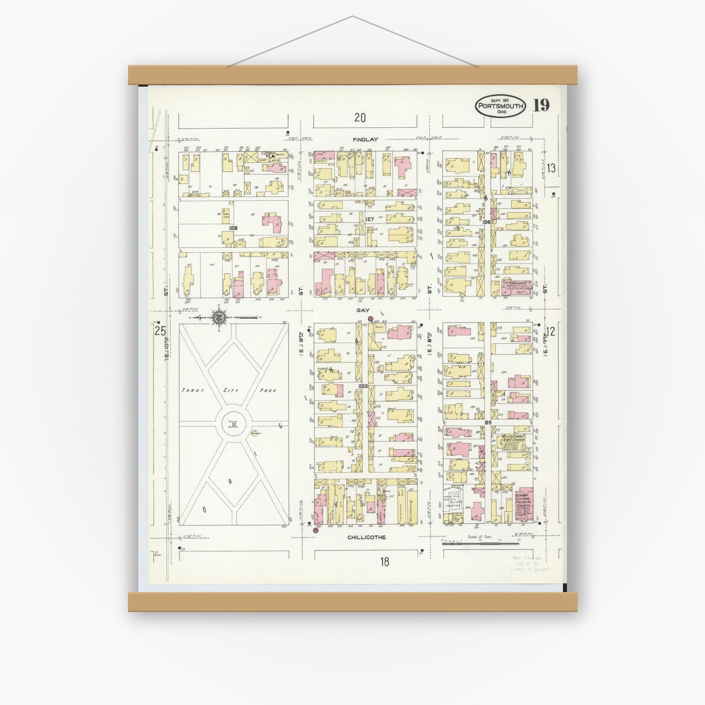 Old map wall art mockup — magnetic wood frame on white wall — Sanborn Fire Insurance Map from Portsmouth, Scioto County, Ohio (1911), Sheet #0019