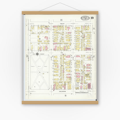 Old map wall art mockup — magnetic wood frame on white wall — Sanborn Fire Insurance Map from Portsmouth, Scioto County, Ohio (1911), Sheet #0019