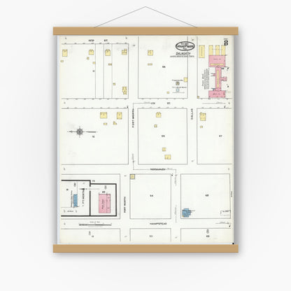 Old map wall art mockup — magnetic wood frame on white wall — Sanborn Fire Insurance Map from Grand Prairie, Dallas County, Texas (1920), Sheet #0008
