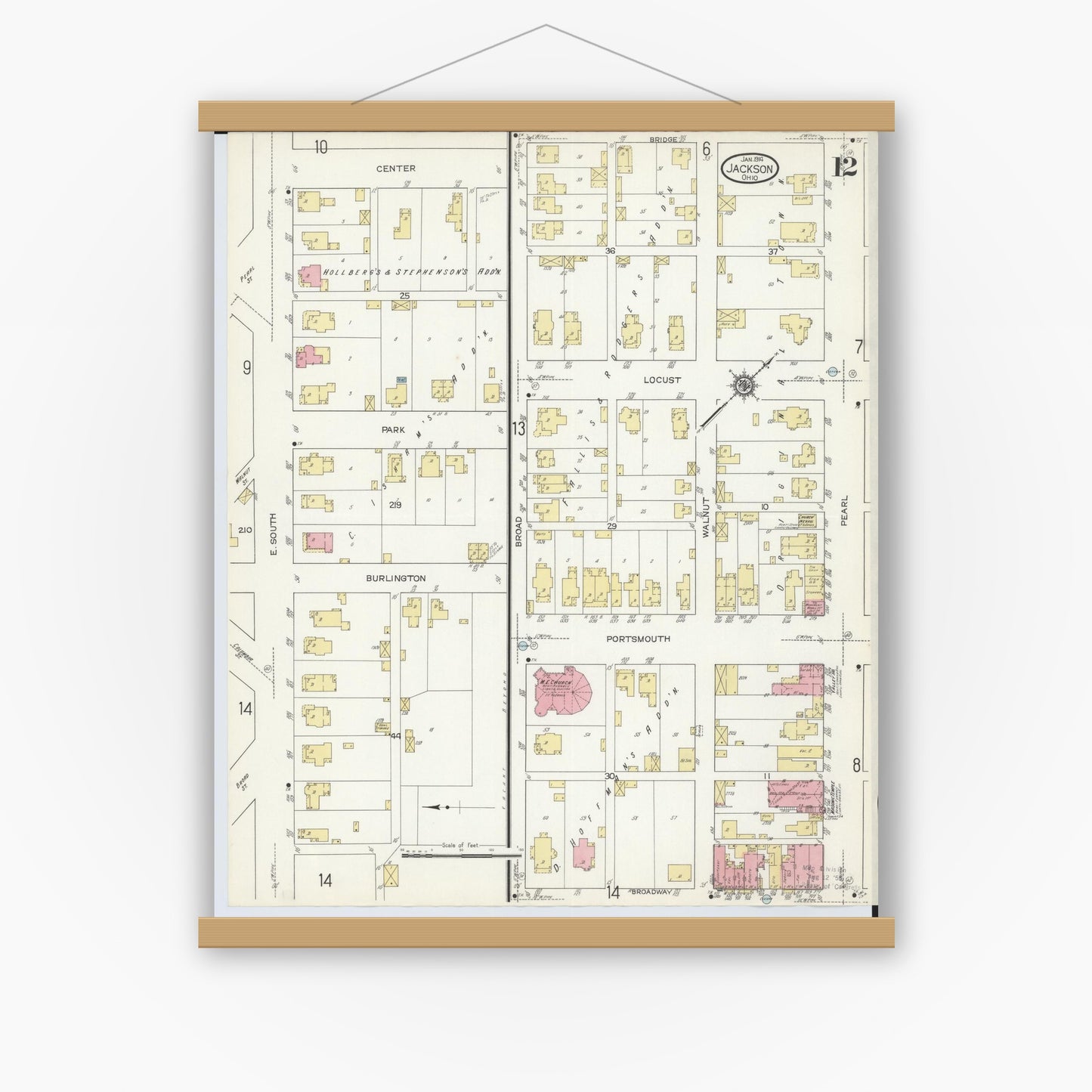 Old map wall art mockup — magnetic wood frame on white wall — Sanborn Fire Insurance Map from Jackson, Jackson County, Ohio (1914), Sheet #0012