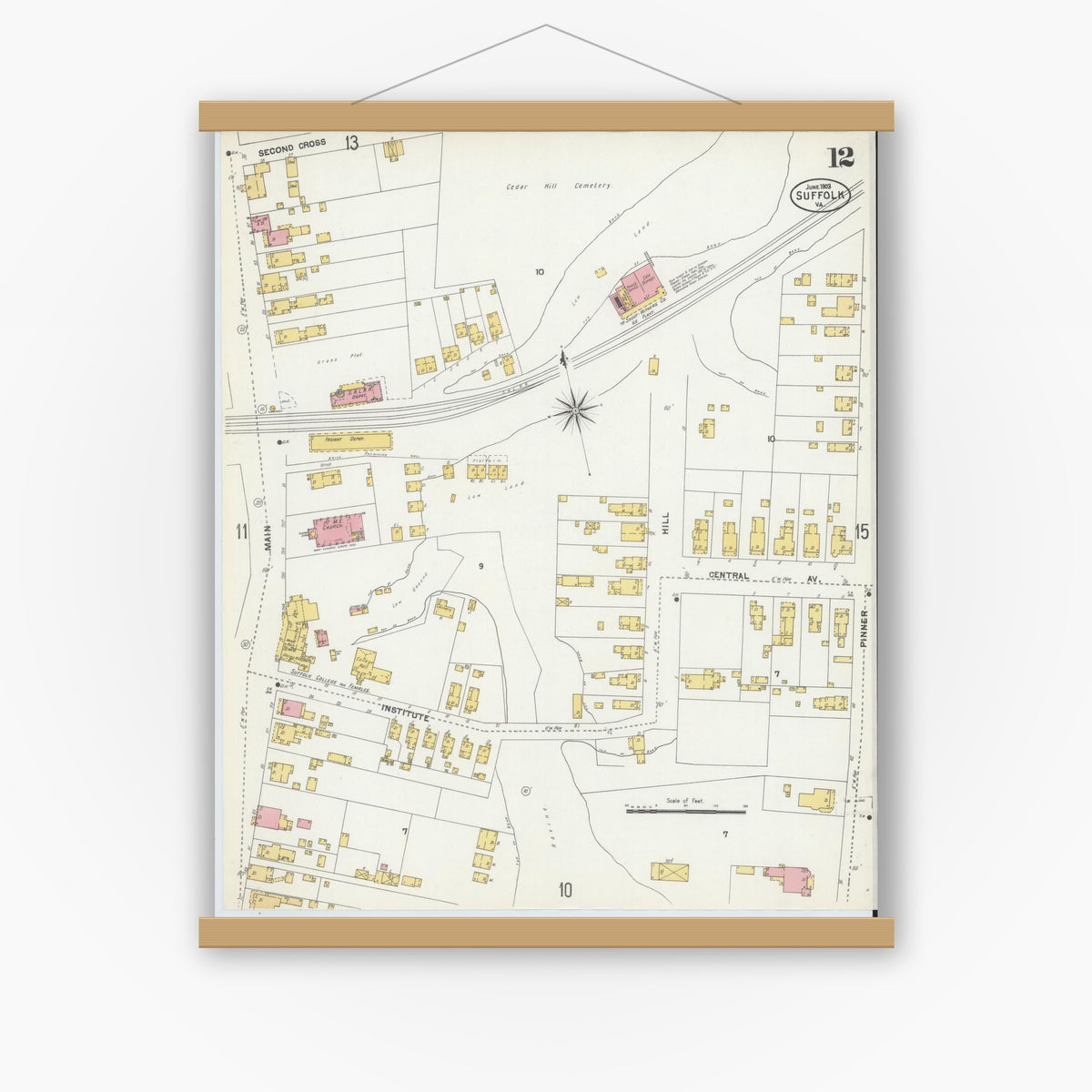 Old map wall art mockup — magnetic wood frame on white wall — Sanborn Fire Insurance Map from Suffolk, Independent Cities, Virginia (1903), Sheet #0012