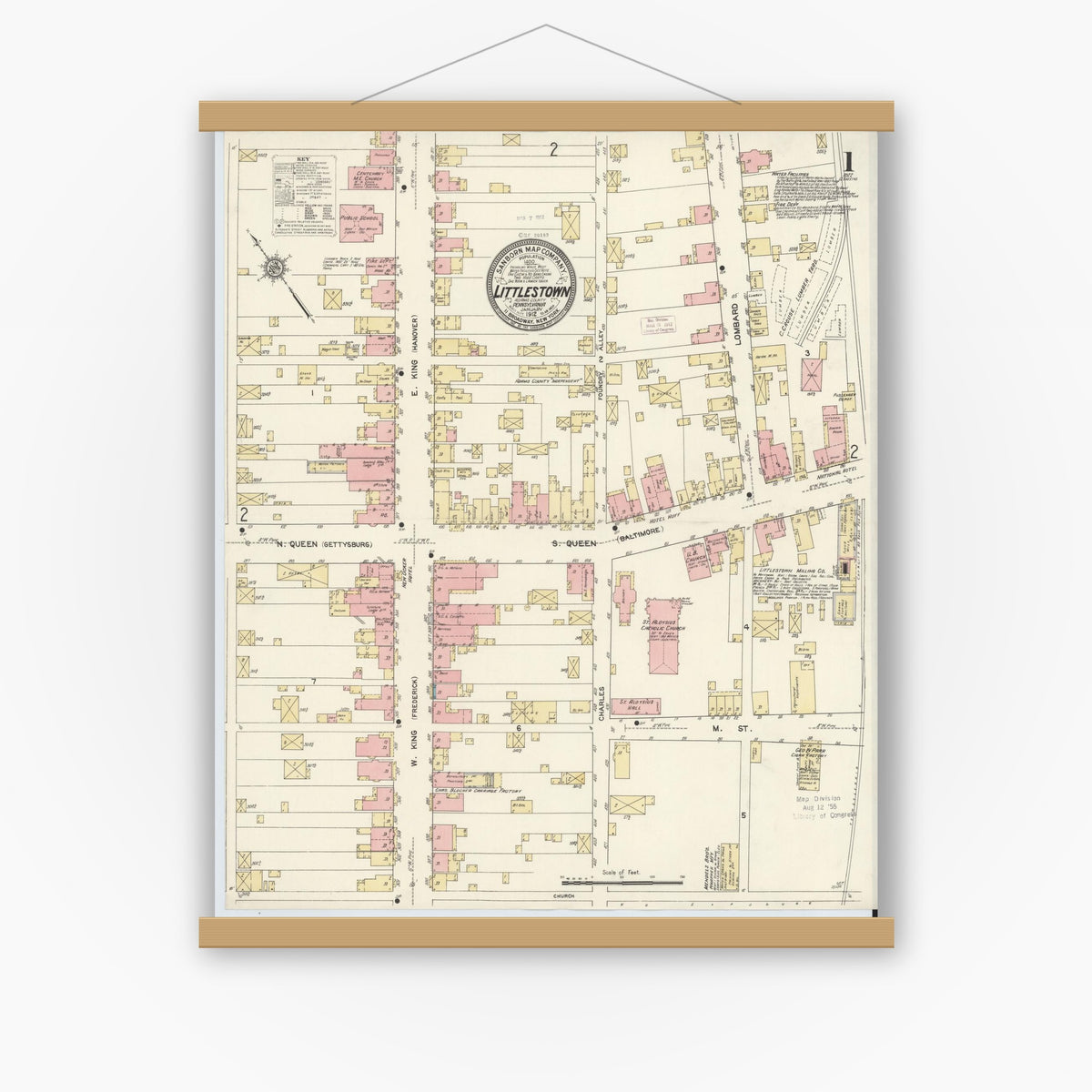 Old map wall art mockup — magnetic wood frame on white wall — Sanborn Fire Insurance Map from Littlestown, Adams County, Pennsylvania (1912), Sheet #0001