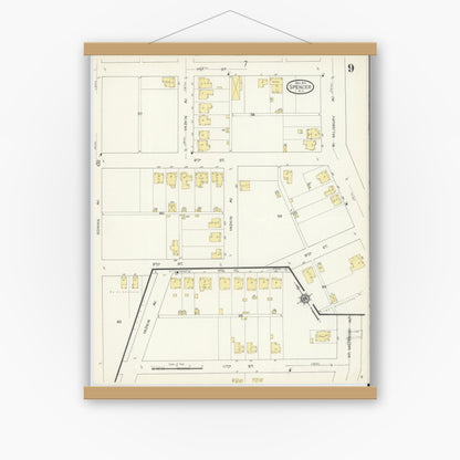Old map wall art mockup — magnetic wood frame on white wall — Sanborn Fire Insurance Map from Spencer, Rowan County, North Carolina (1913), Sheet #0009