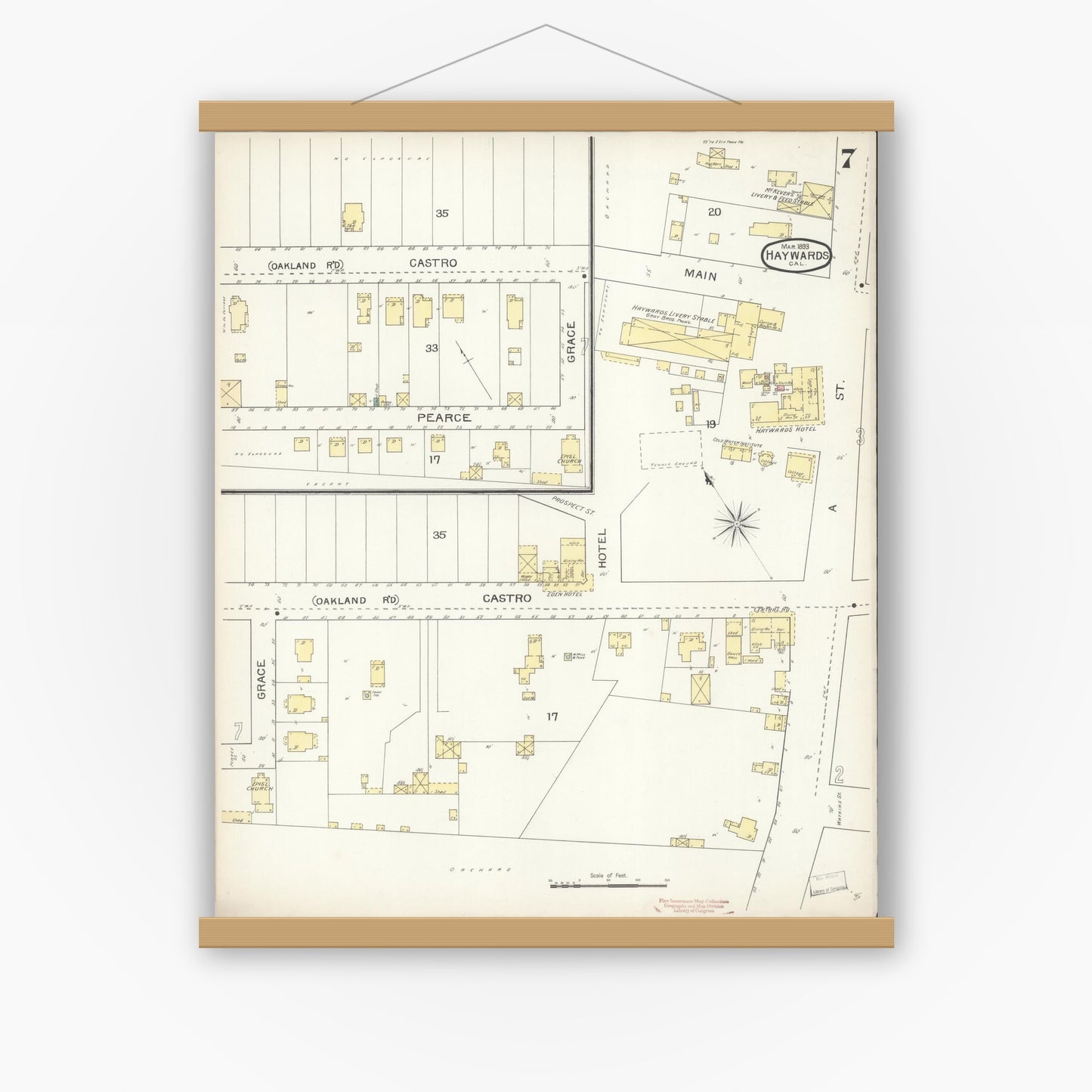 Old map wall art mockup — magnetic wood frame on white wall — Sanborn Fire Insurance Map from Hayward, Alameda County, California (1893), Sheet #0007