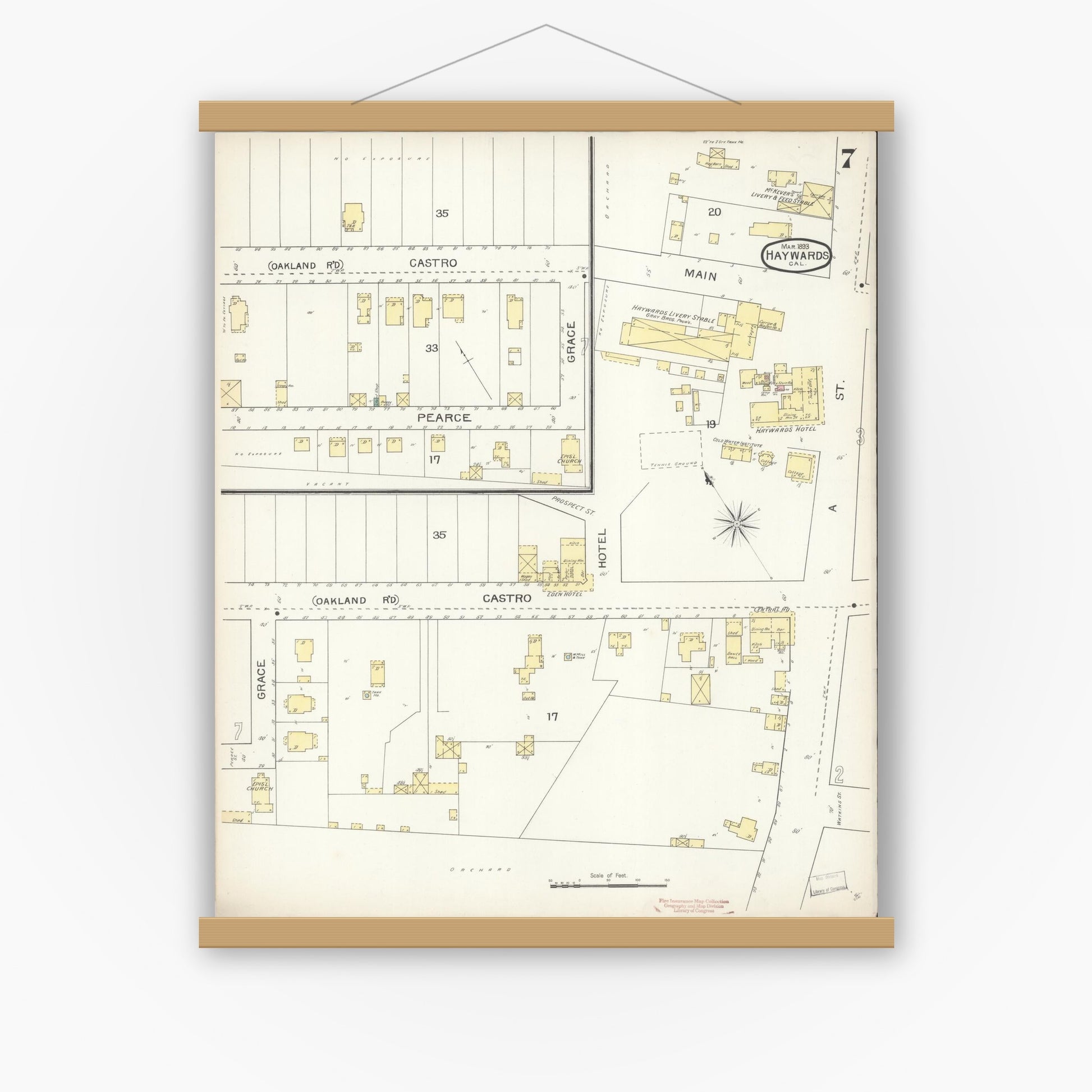 Old map wall art mockup — magnetic wood frame on white wall — Sanborn Fire Insurance Map from Hayward, Alameda County, California (1893), Sheet #0007