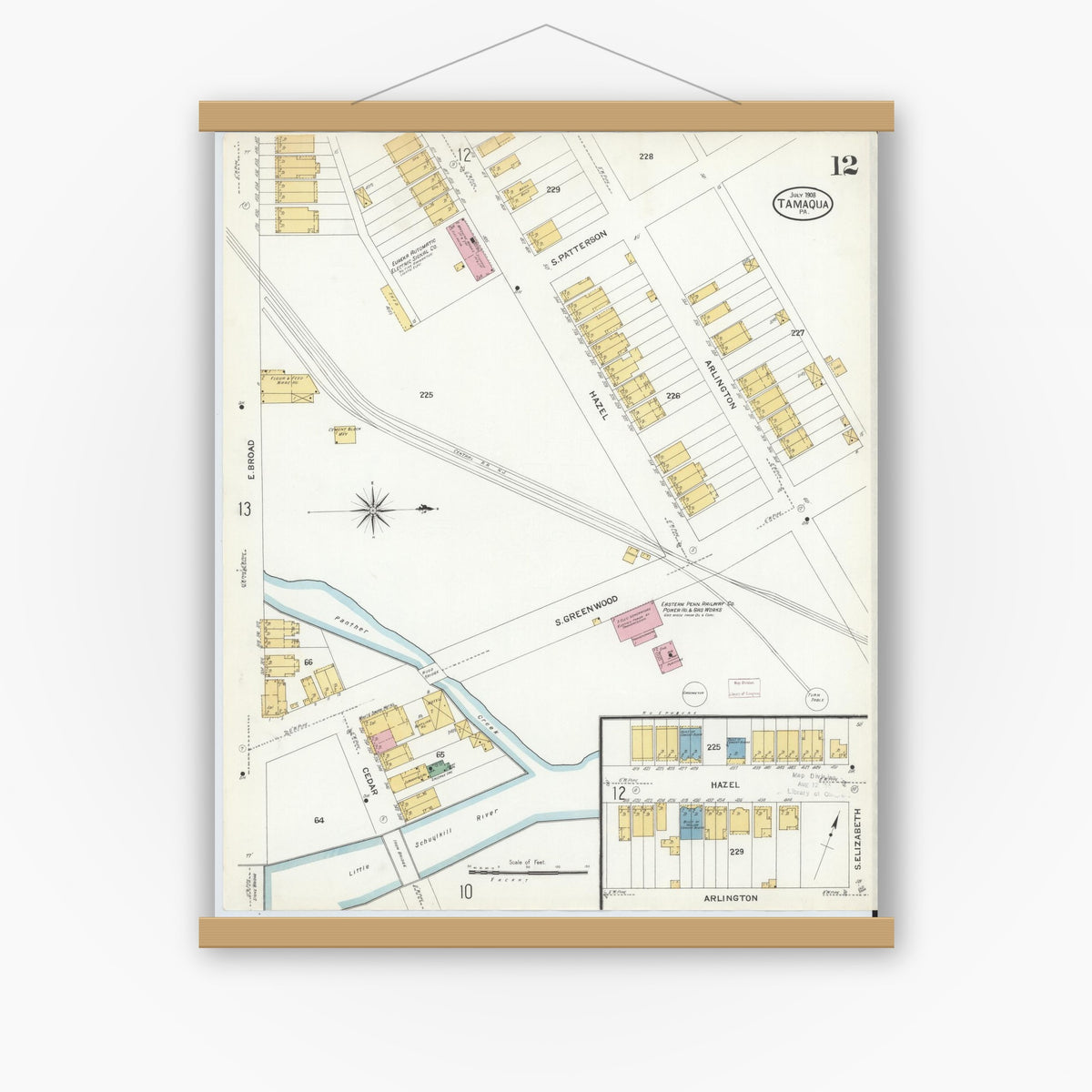 Old map wall art mockup — magnetic wood frame on white wall — Sanborn Fire Insurance Map from Tamaqua, Schuylkill County, Pennsylvania (1908), Sheet #0012