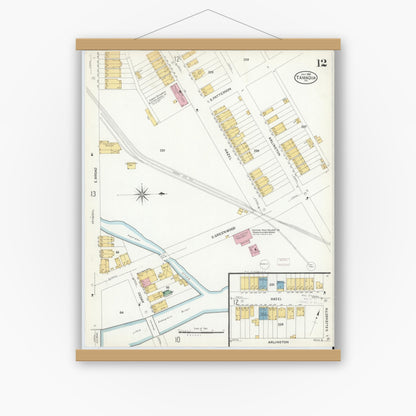 Old map wall art mockup — magnetic wood frame on white wall — Sanborn Fire Insurance Map from Tamaqua, Schuylkill County, Pennsylvania (1908), Sheet #0012