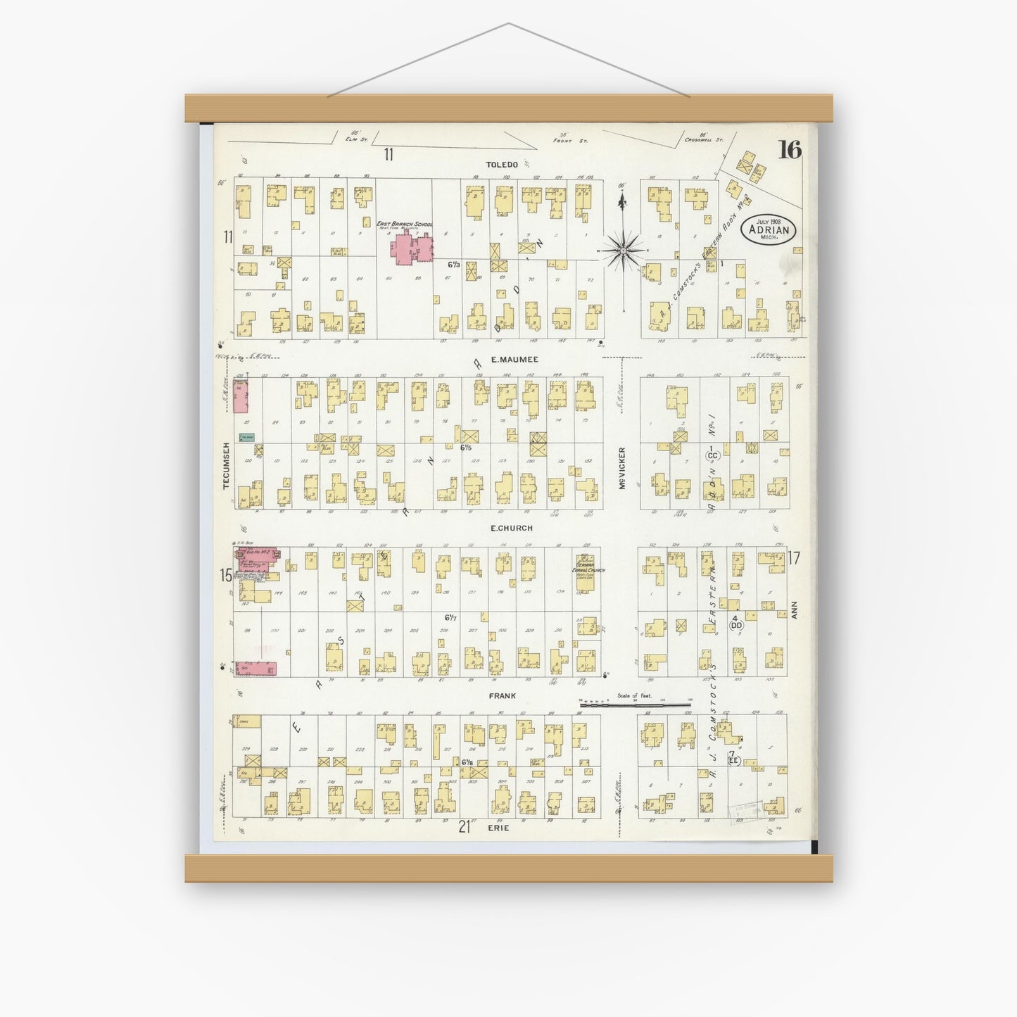 Old map wall art mockup — magnetic wood frame on white wall — Sanborn Fire Insurance Map from Adrian, Lenawee County, Michigan (1908), Sheet #0016