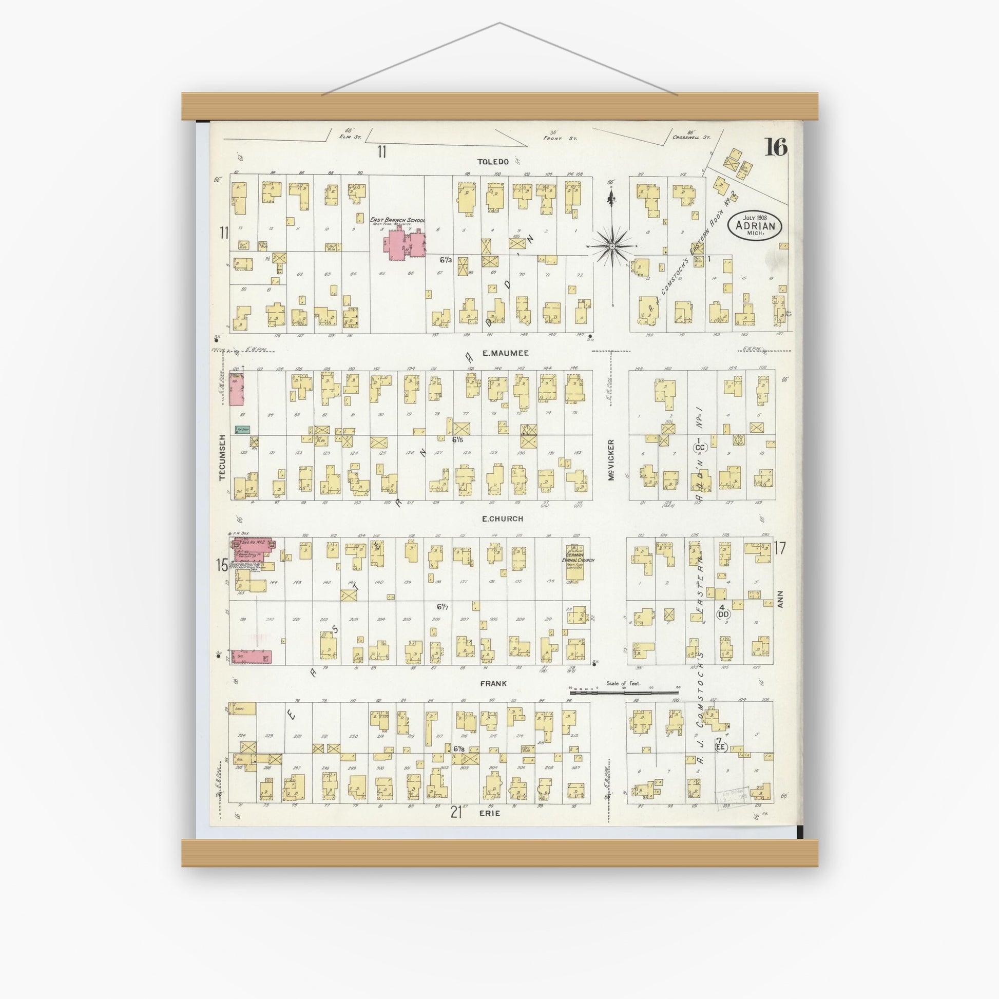 Old map wall art mockup — magnetic wood frame on white wall — Sanborn Fire Insurance Map from Adrian, Lenawee County, Michigan (1908), Sheet #0016