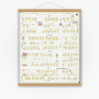Old map wall art mockup — magnetic wood frame on white wall — Sanborn Fire Insurance Map from Adrian, Lenawee County, Michigan (1908), Sheet #0016