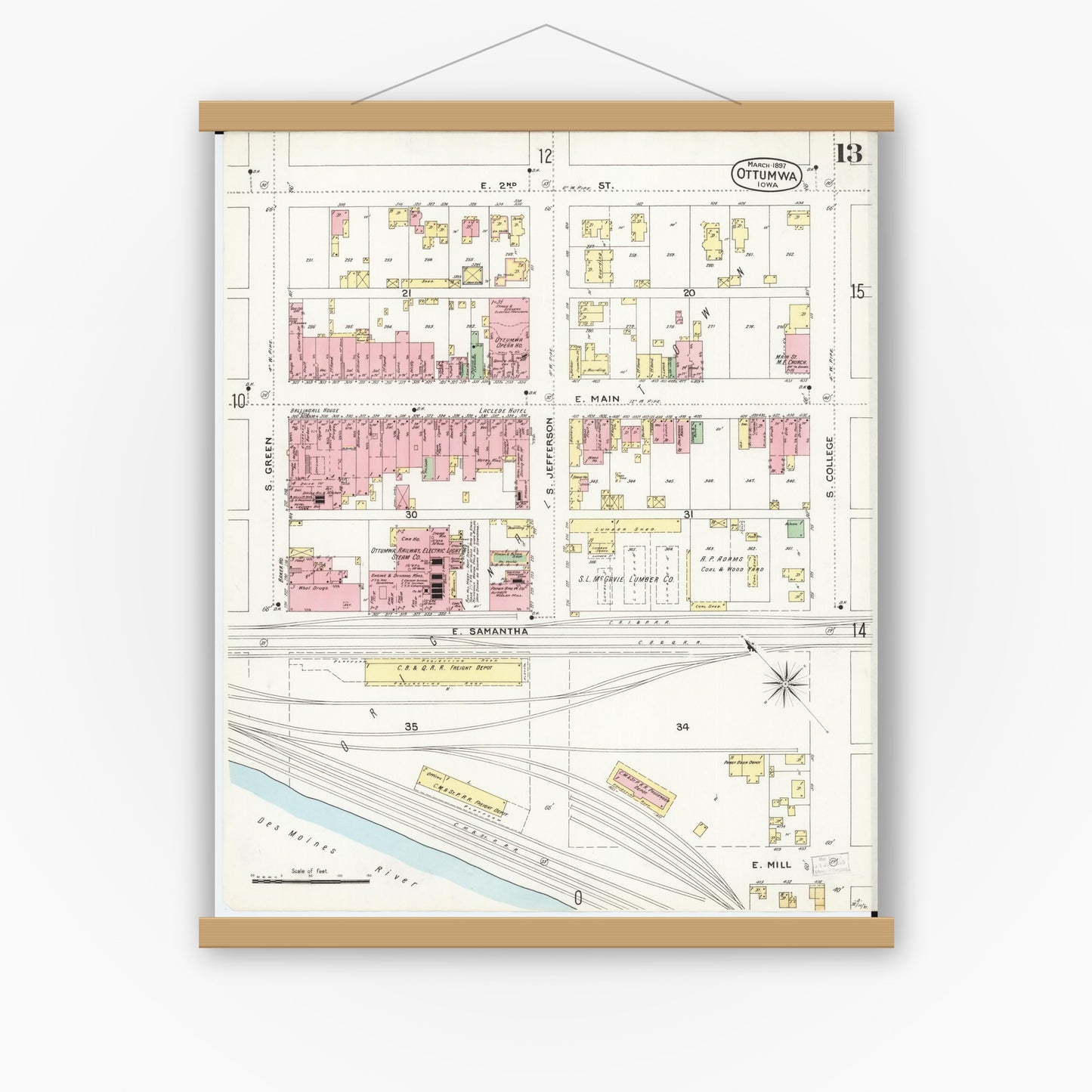 Old map wall art mockup — magnetic wood frame on white wall — Sanborn Fire Insurance Map from Ottumwa, Wapello County, Iowa (1897), Sheet #0013