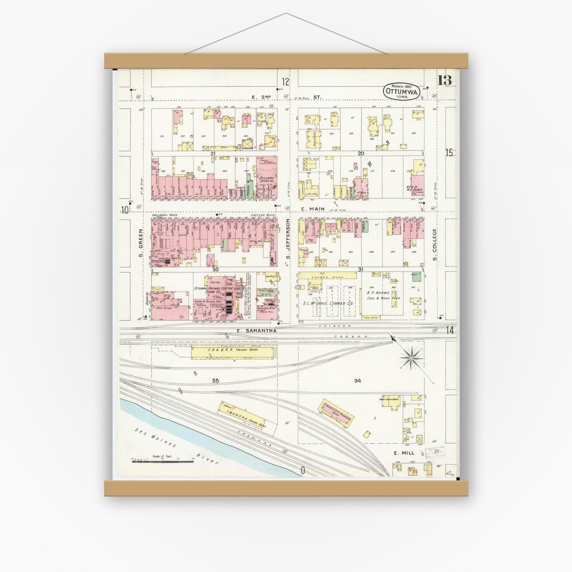 Old map wall art mockup — magnetic wood frame on white wall — Sanborn Fire Insurance Map from Ottumwa, Wapello County, Iowa (1897), Sheet #0013