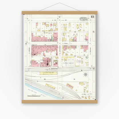 Old map wall art mockup — magnetic wood frame on white wall — Sanborn Fire Insurance Map from Ottumwa, Wapello County, Iowa (1897), Sheet #0013