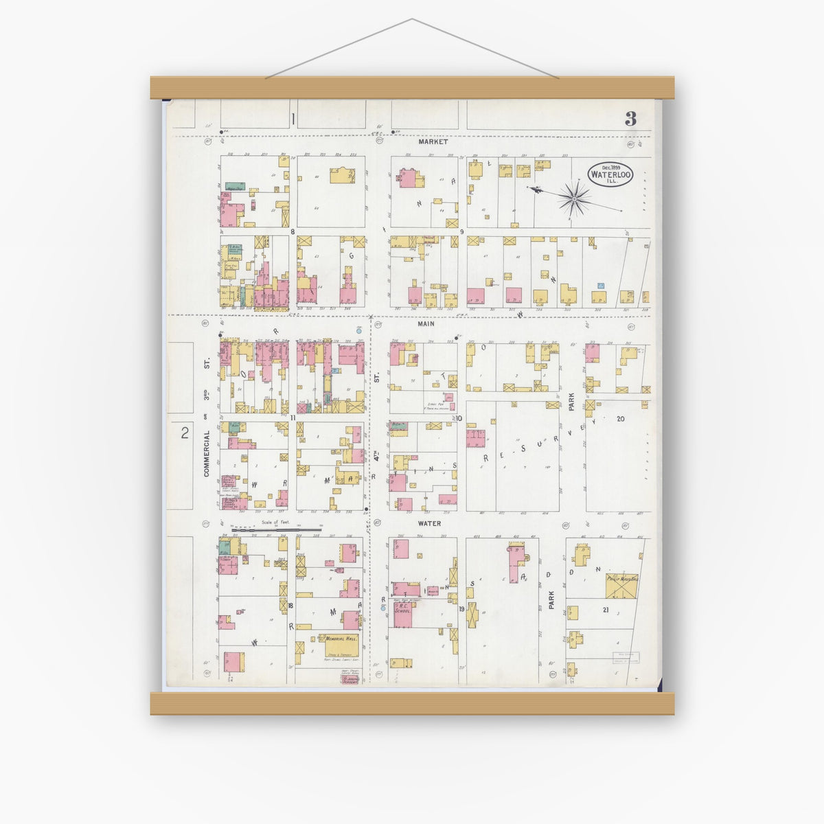 Old map wall art mockup — magnetic wood frame on white wall — Sanborn Fire Insurance Map from Waterloo, Monroe County, Illinois (1899), Sheet #0003