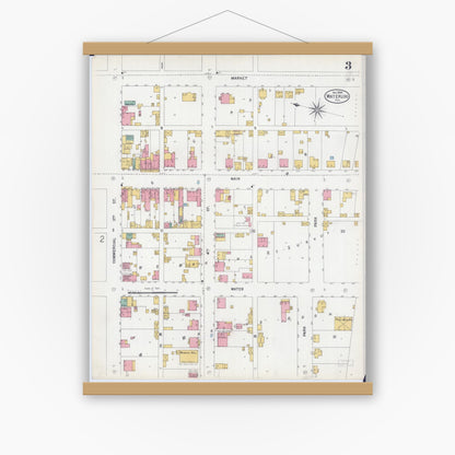 Old map wall art mockup — magnetic wood frame on white wall — Sanborn Fire Insurance Map from Waterloo, Monroe County, Illinois (1899), Sheet #0003