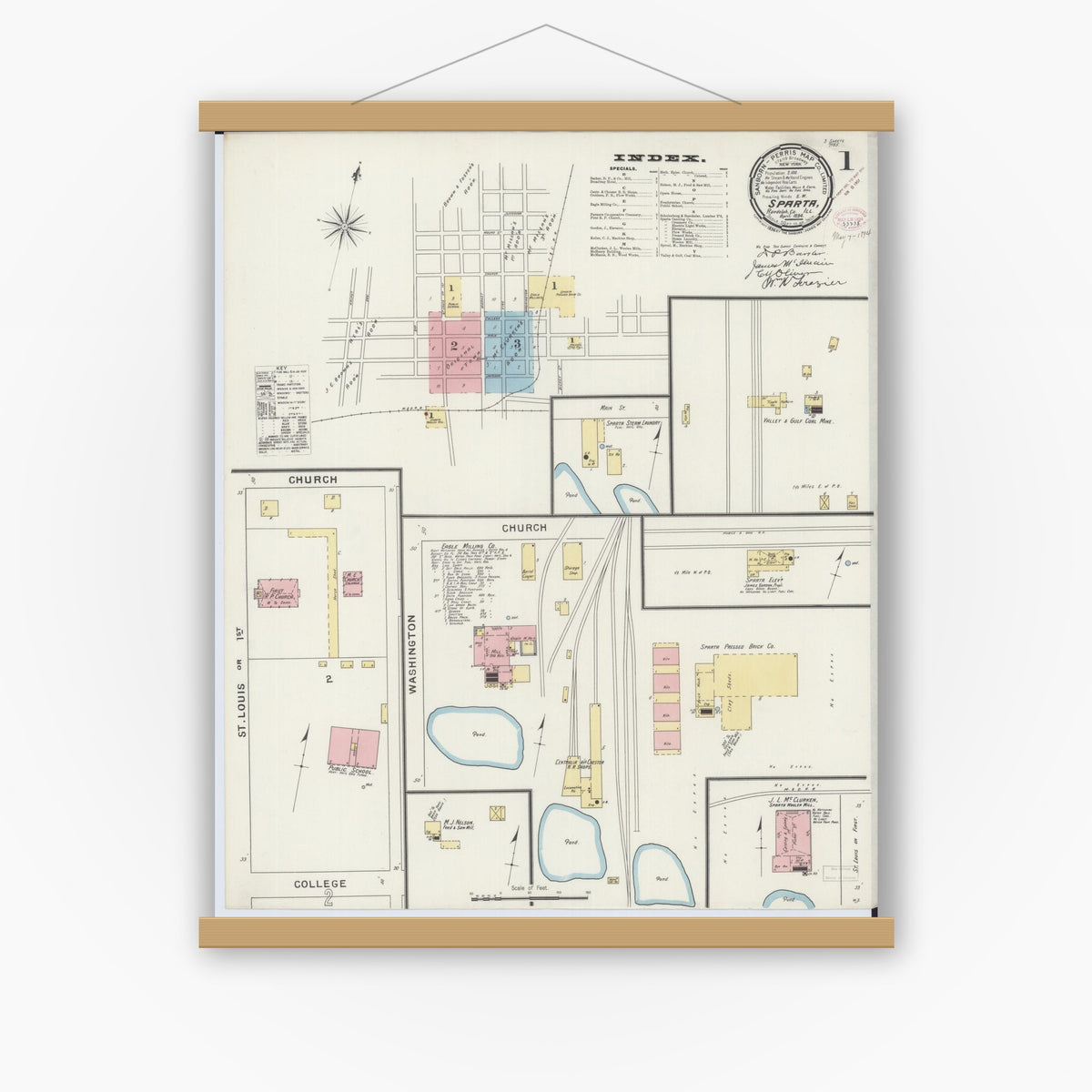 Old map wall art mockup — magnetic wood frame on white wall — Sanborn Fire Insurance Map from Sparta, Randolph County, Illinois (1894) - Complete Map Set