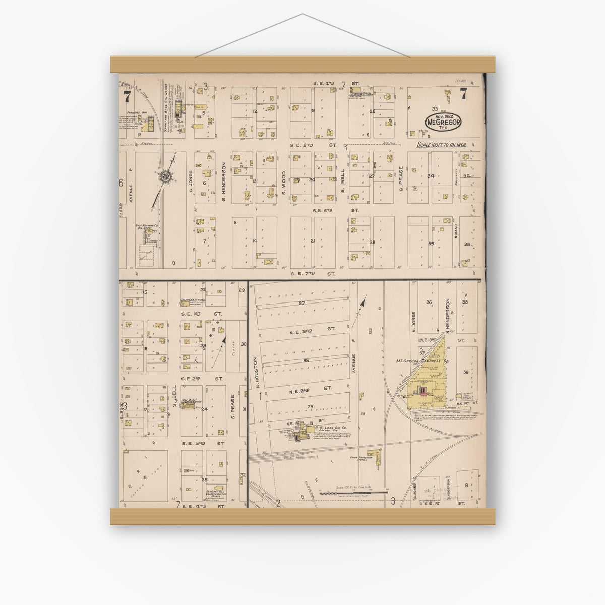 Old map wall art mockup — magnetic wood frame on white wall — Sanborn Fire Insurance Map from McGregor, McLennan County, Texas (1922), Sheet #0007