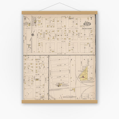 Old map wall art mockup — magnetic wood frame on white wall — Sanborn Fire Insurance Map from McGregor, McLennan County, Texas (1922), Sheet #0007