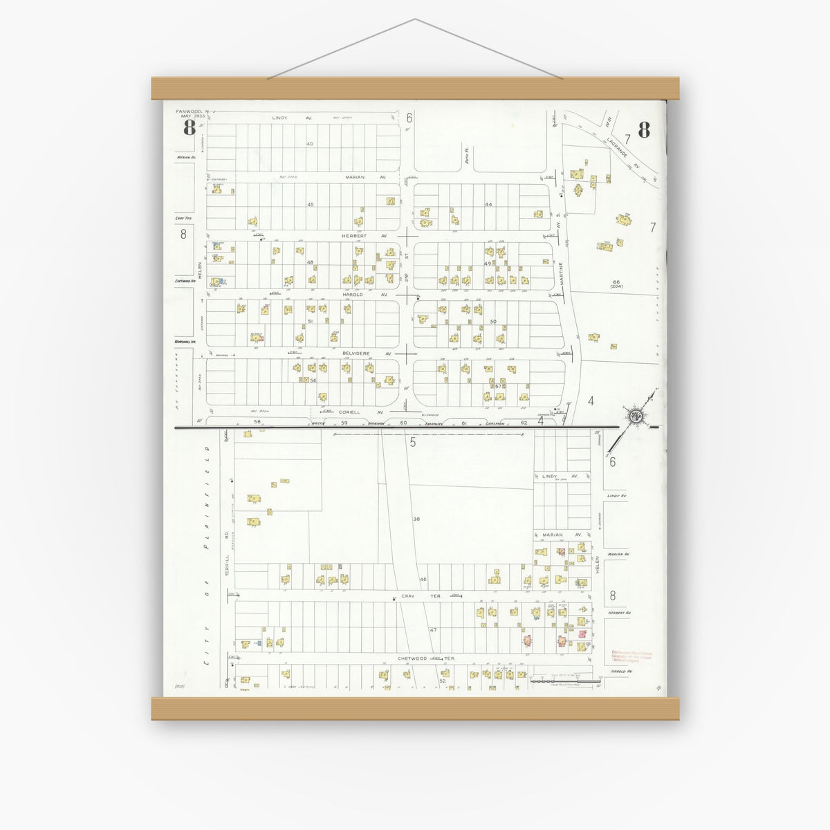 Old map wall art mockup — magnetic wood frame on white wall — Sanborn Fire Insurance Map from Fanwood, Union County, New Jersey (1933), Sheet #0008
