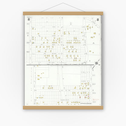 Old map wall art mockup — magnetic wood frame on white wall — Sanborn Fire Insurance Map from Fanwood, Union County, New Jersey (1933), Sheet #0008