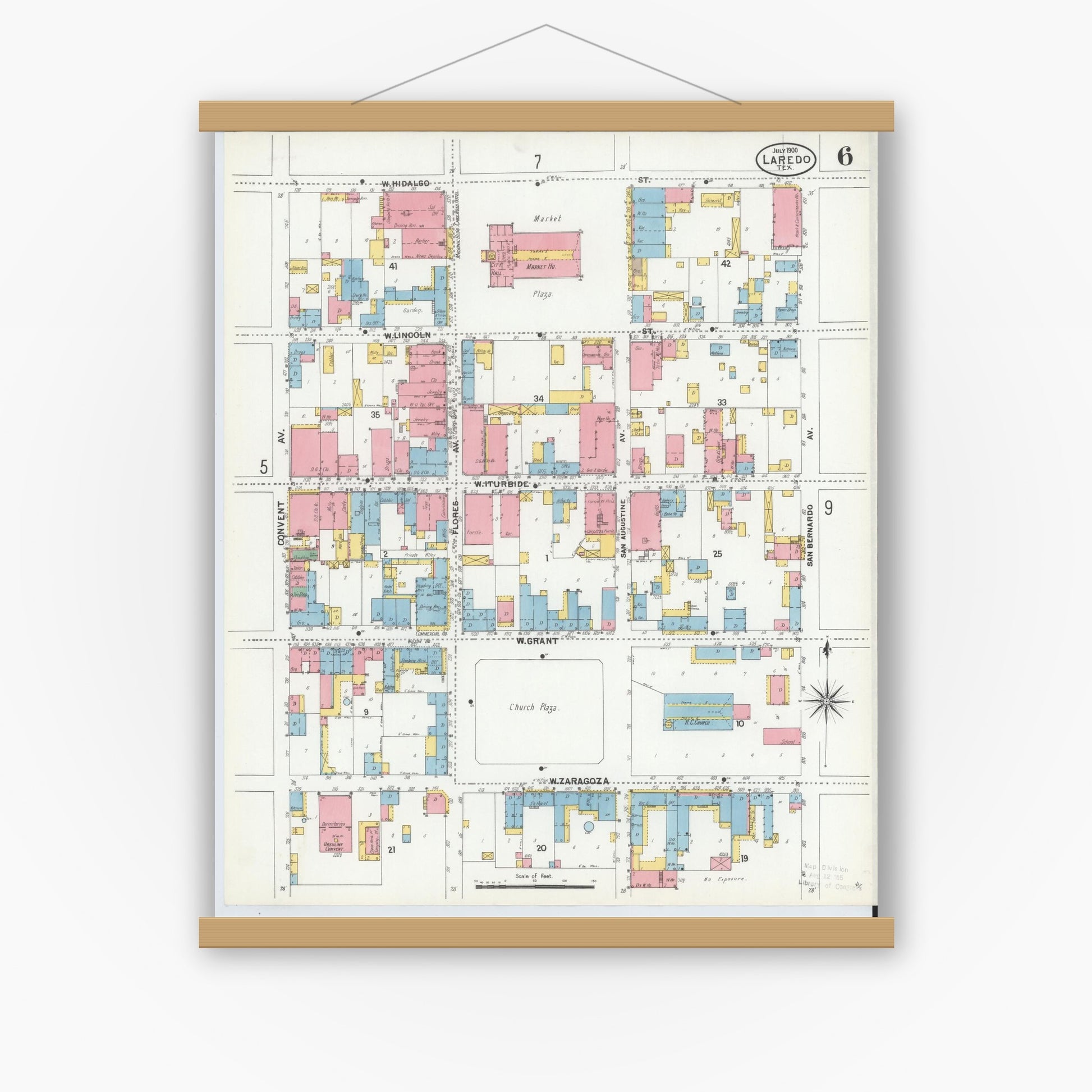 Old map wall art mockup — magnetic wood frame on white wall — Sanborn Fire Insurance Map from Laredo, Webb County, Texas (1900), Sheet #0006