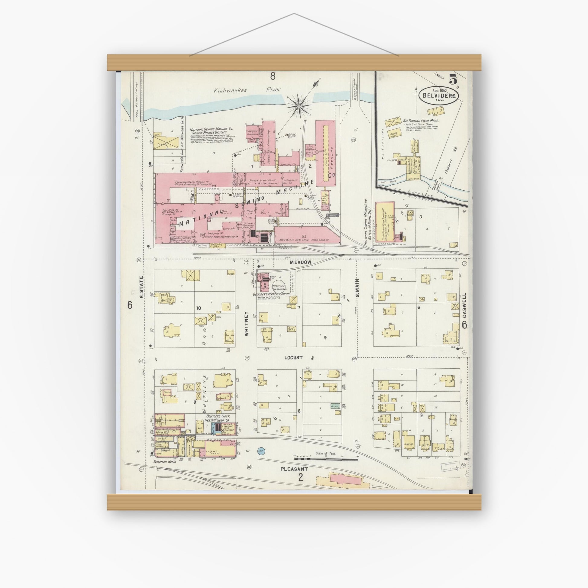 Old map wall art mockup — magnetic wood frame on white wall — Sanborn Fire Insurance Map from Belvidere, Boone County, Illinois (1897), Sheet #0005